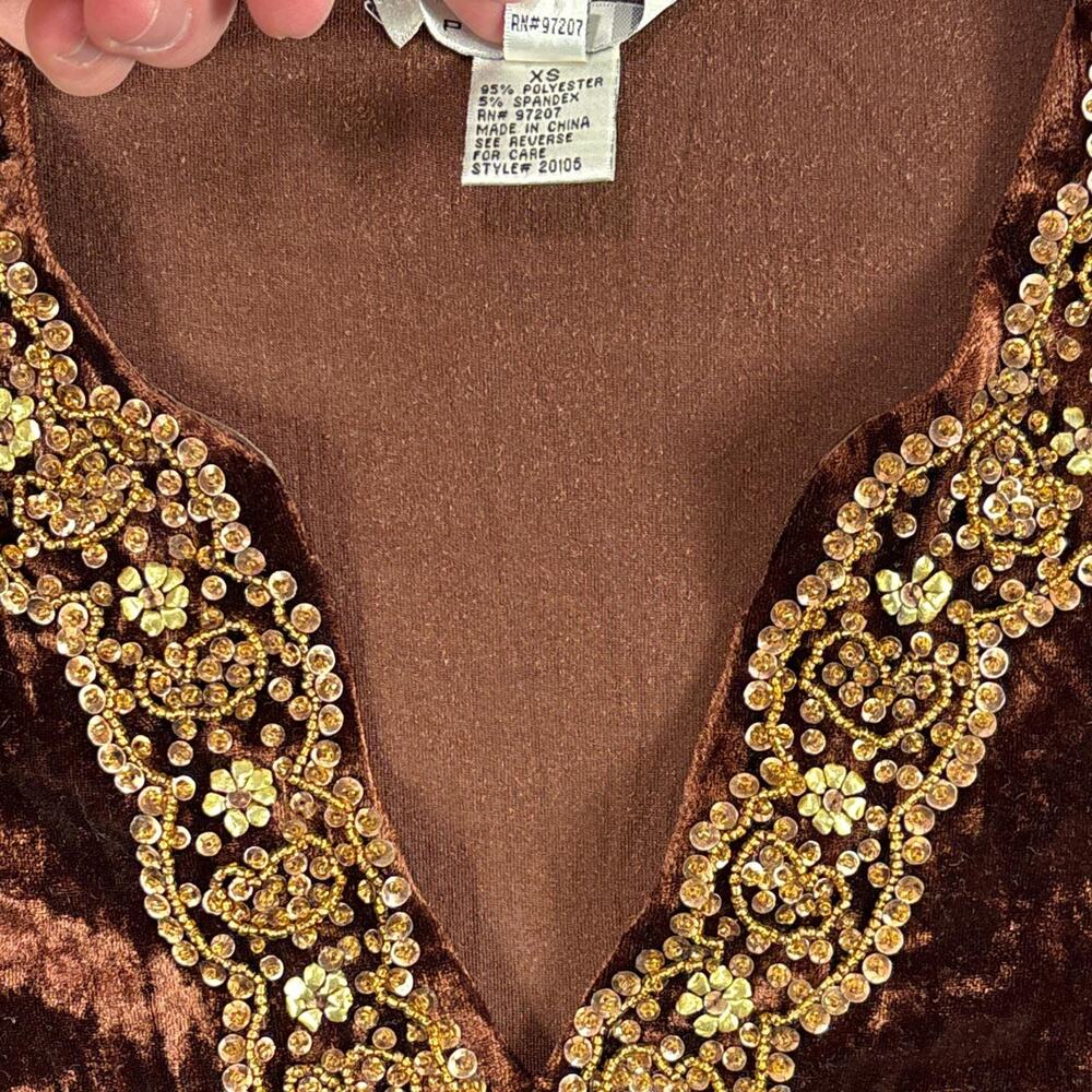 Vintage Page Brown Velvet Embellished V-neck Long-sleeve Top Size XS - Picture 6 of 6